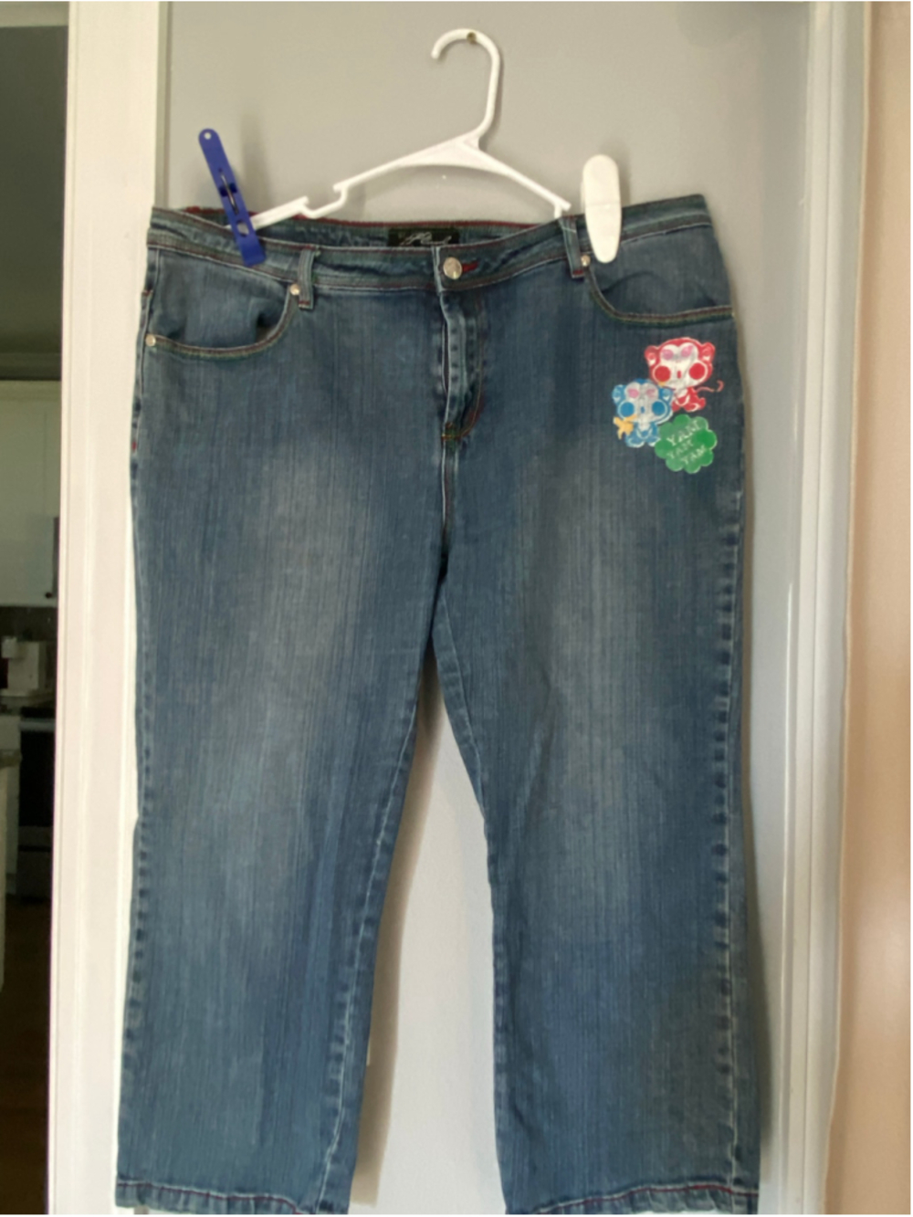Y2K Platinum Plush artsy Capri jeans, size 17